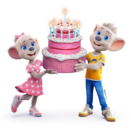 Ed und Edda halten eine große. rosane Torte