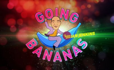Motiv Going Bananas mit SChriftzug und Ian Jenkins auf einer blauen Banane