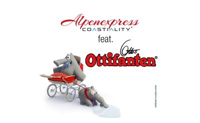 Zwei Ottifanten spazieren mit einem Kinderwagen herum