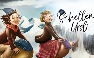 Schellen Ursli spaziert in einer verschneiten Bergwelt