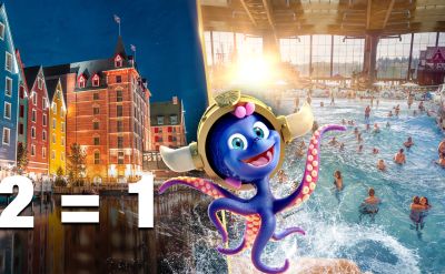 Links ist Hotel Kronasar beleuchtet zu sehen und rechts Innenbereich Rulantica. Snorri ist in der Mitte abgebildet und daneben steht 2 = 1