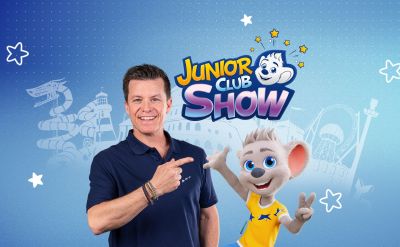 Moderator Beni Weber und Ed Euromaus im Vordergrund. Darüber das Logo der neuen JUNIOR CLUB Show. 
