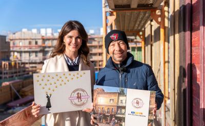Ambassador Miriam Mack and project patron DJ BoBo present the construction site of the ‘Europa-Park Little Heroes Children's House’.