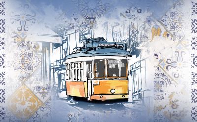 Artwork einer klassisch portugiesischen Straßenbahn in gelb, darum portugiesische Fließen. Keyvisual des Portugiesischen Abends im Europa-Park – das perfekte Firmenevent.