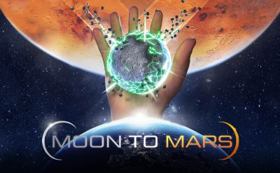 Eine Grafik einer Hand, die den Mond in sich hält, darüber der Mars.