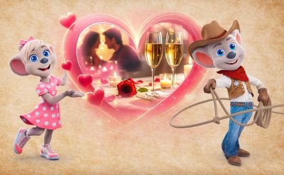 Ed vestito da cowboy ed Edda incorniciano un motivo a forma di cuore con una coppia e dello champagne all’evento di San Valentino a Silver Lake City.