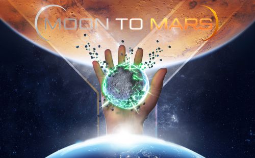 Eine Grafik einer Hand, die den Mond in sich hält, darüber der Mars