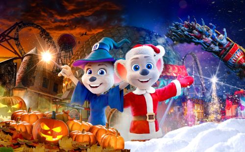 HALLOWinter im Europa-Park mit Ed im Weihnachtskostüm und Edda als Hexe verkleidet