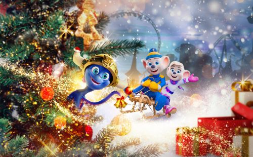 Ed und Edda mit Snorri vor einer weihnachtlichen Kulisse des Europa-Park