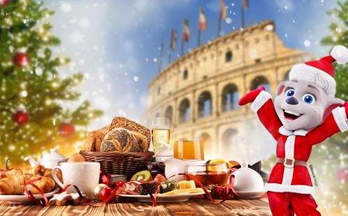 Edda im weihnachtlichen Kostüm vor dem 4-Sterne (Superior) Erlebnishotel "Colosseo"