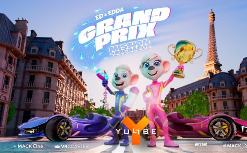 Keyvisual der YULLBE GO Experience GRAND PRIX – Mission Recharge: Ed & Edda stehen vor zwei Rennwägen. Im Hintergrund sieht man den Eiffelturm.