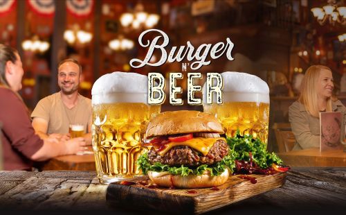 Keyvisual für Burger 'N' Beer – die perfekte Business-Veranstaltung für Gruppen ab 80 Personen im Europa-Park Erlebnis-Resort. Leckere Burger und spritziges Bier, darüber der Schriftzug "Burger 'N' Beer".