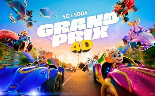 Ed und Edda in Rennautos zwischen den Autos steht "Ed & Edda Grand Prix 4D".