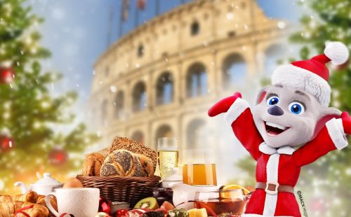 Edda im weihnachtlichen Kostüm vor dem Hotel "Colosseo "