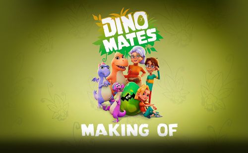 Making Of: Animiertes Bild von Oma Clara mit Leo und Sophie, drei Dinosauriern und einem Dino-Ei. 