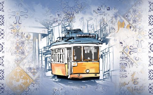 Artwork einer klassisch portugiesischen Straßenbahn in gelb, darum portugiesische Fließen. Keyvisual des Portugiesischen Abends im Europa-Park – das perfekte Firmenevent.
