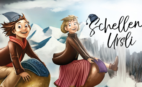 Schellen Ursli spaziert in einer verschneiten Bergwelt