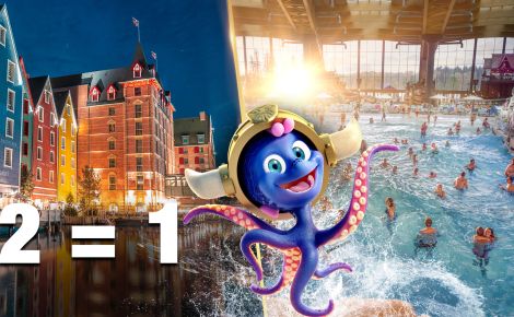 Links ist Hotel Kronasar beleuchtet zu sehen und rechts Innenbereich Rulantica. Snorri ist in der Mitte abgebildet und daneben steht 2 = 1