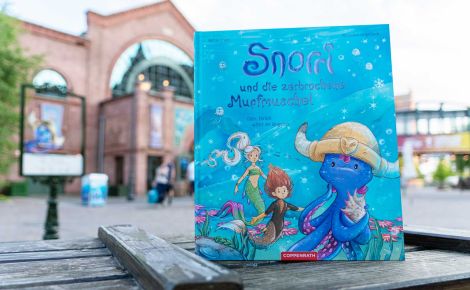 Das dritte Bilderbuch der Snorri-Reihe auf einer Holzkiste