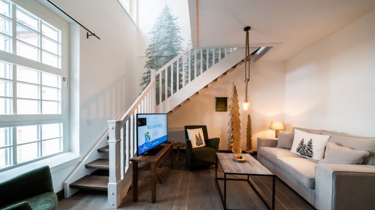 Duplex Themensuite Nordman Hotel Krønasår Wohnzimmer mit Fernseher