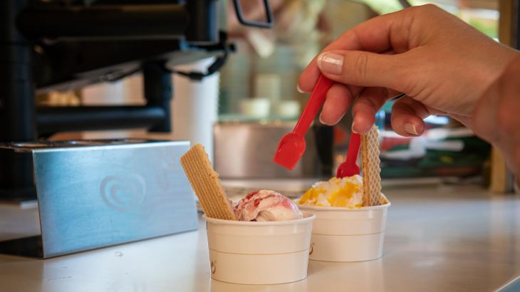 Zwei Eisbercher mit leckerem Fruchteis und Waffeln