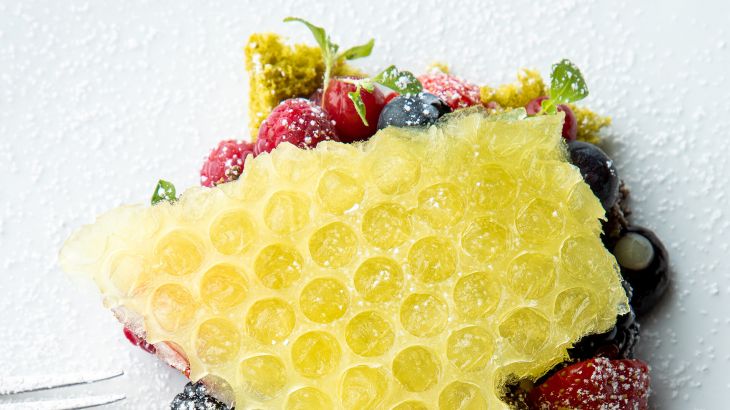 Früchte Dessert mit einem Stück Bienenwabe