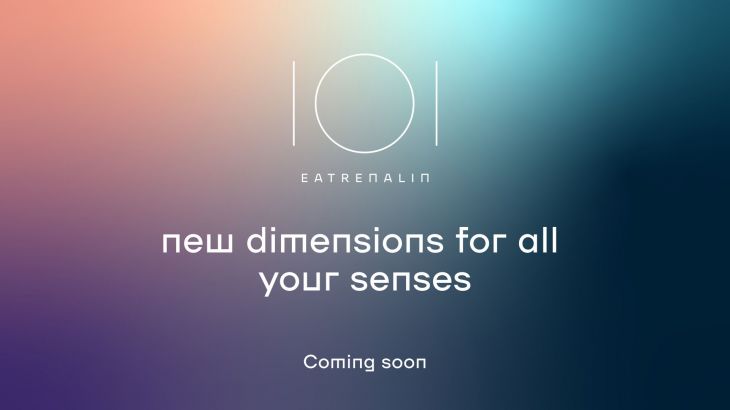 Das Eatrenalin-Logo mit dem Spruch "new dimensions for all your senses - coming soon" vor einem bunten Hintergrund
