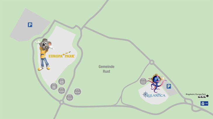 Reduzierte Karte der Gemeinde Rust, Rulantica und dem Europa-Park