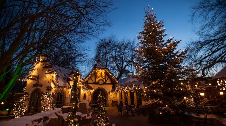 Der winterlich geschmückte Märchenwald am Abend.