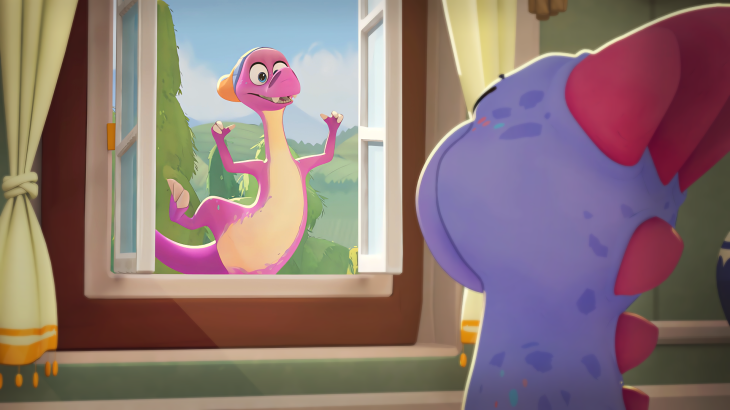 Dino steht vor dem Fenster