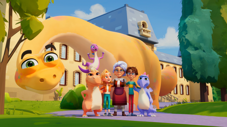 Dino und Figuren stehen zusammen