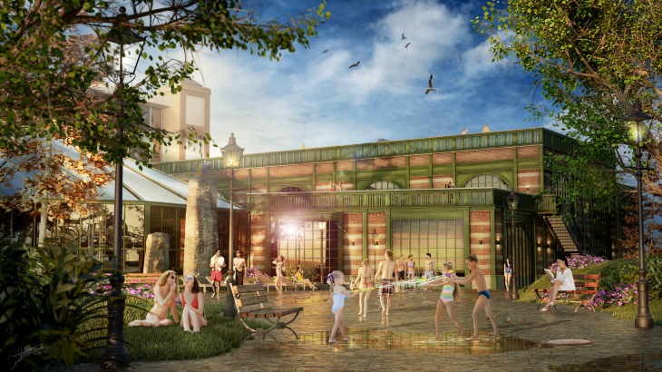 Artwork einer Markthalle. Im Vordergrund sind Menschen in Badekleidung zu sehen. 