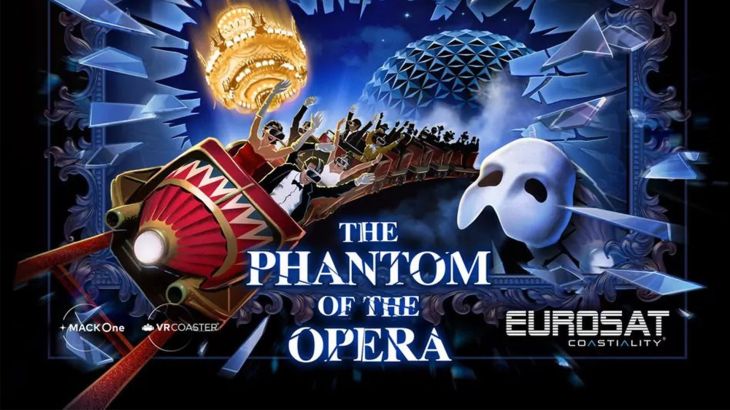 Eurosat Coastiality ,,The Phantom of the Opera": VR-Achterbahnfahrt mit Phantom-Motiv, Kronleuchter, Maske und nächtlicher Kulisse.