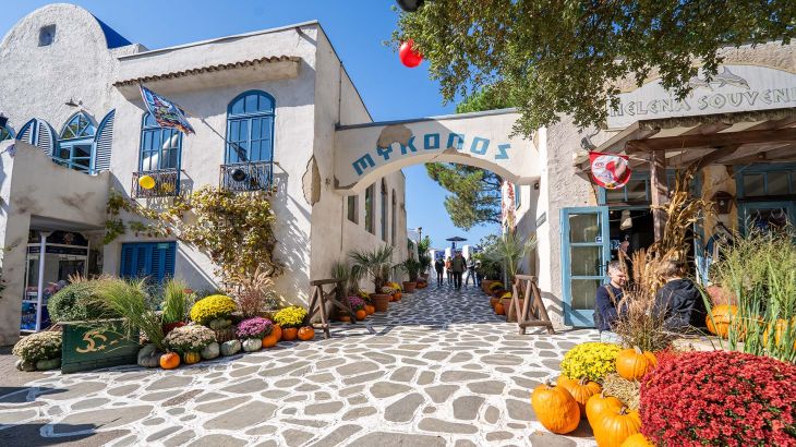 Das zu Halloween mit Kürbisen geschmückte Griechenlanddorf Mykonos.