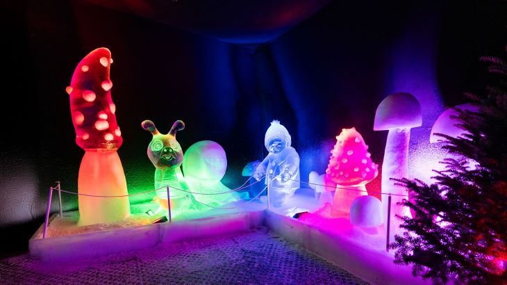 Bunt beleuchtete Eisskulpturen, die in der Form von Pilzen, Schnecken und Zwergen sind.