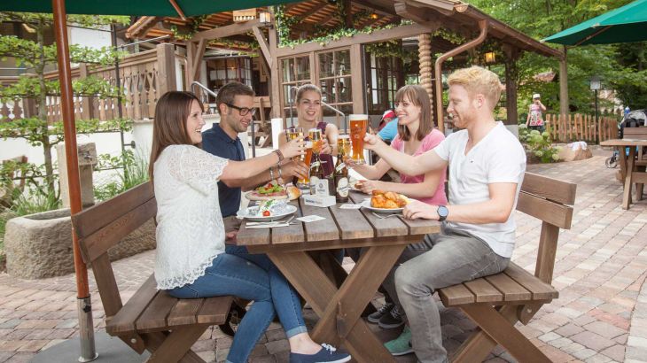 Vier Personen stoßen gemeinsam beim Essen in einem traditionell Österreichischen Restaurant an.