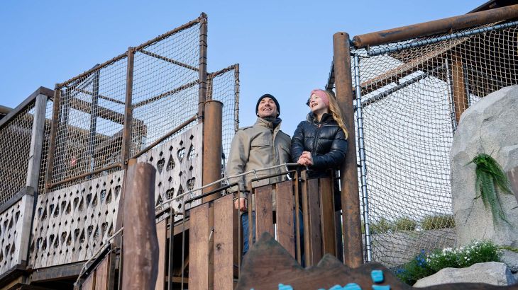 Vater und Tochter stehen gemeinsam auf einer Treppe und genießen den Ausblick auf dem Yomi Abenteuer Trail.