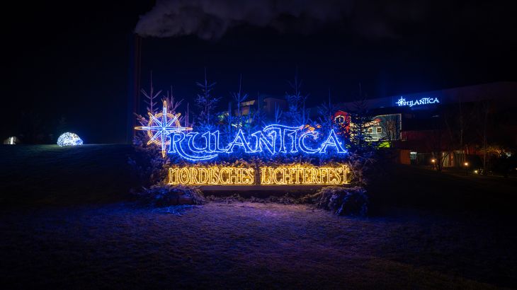 The illuminated entrance to the Rulantica water world during the Nordic Festival of Lights.