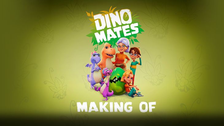 Making-of : Image animée de mamie Clara avec Léo et Sophie, trois dinosaures et un œuf de dinosaure.