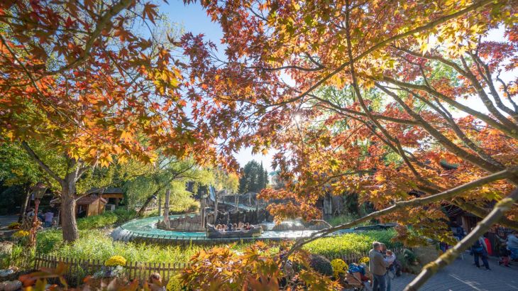 The Austrian themed area at Europa-Park in autumn. The trees are full of colourful leaves.