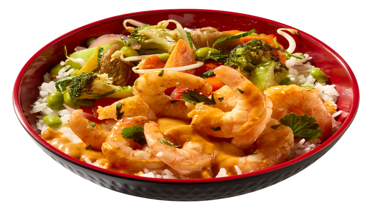 Rotes Thai Curry mit Garnelen, Gemüse und Reis