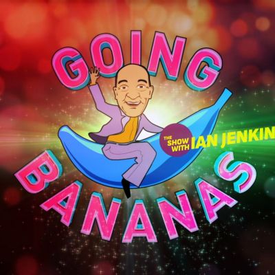 Motiv Going Bananas mit SChriftzug und Ian Jenkins auf einer blauen Banane
