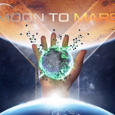 Eine Grafik einer Hand, die den Mond in sich hält, darüber der Mars