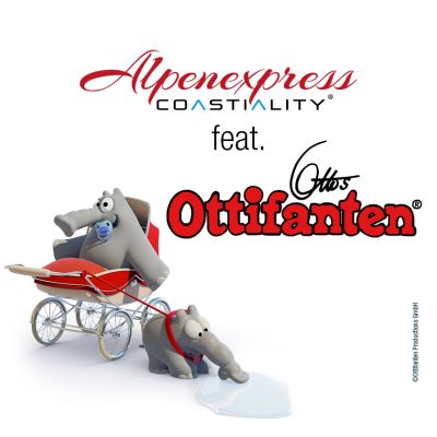 Zwei Ottifanten spazieren mit einem Kinderwagen herum