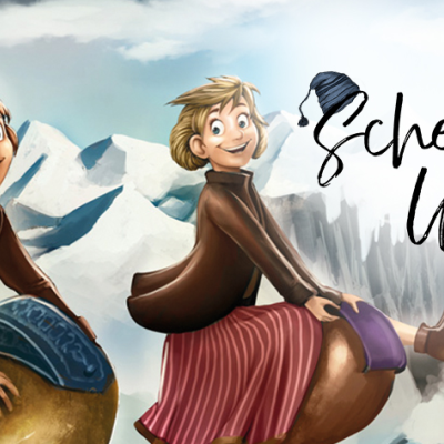 Schellen Ursli spaziert in einer verschneiten Bergwelt