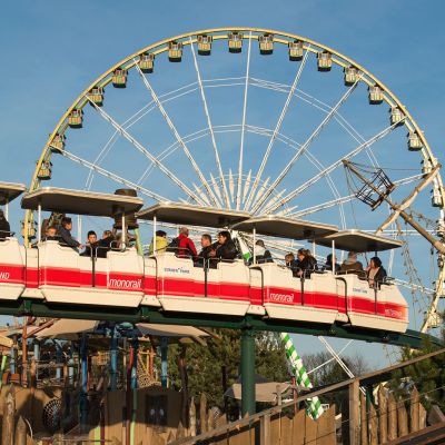 Monorail über Themenbereich Island mit Riesenrad im Hintergrund