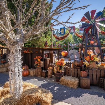 Herbstlich dekorierter Weg beim Pumpkin Village des Europa-Park mit Kürbissen, Heuballen und bunter Windmühle.