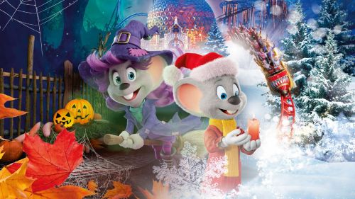 Ed & Edda sind in Halloween- und Weihnachts-Outfits vor farbenfrohem Hintergrund platziert