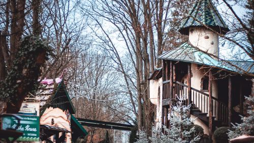 Märchenwald mit Dornröschenschloss im Winter