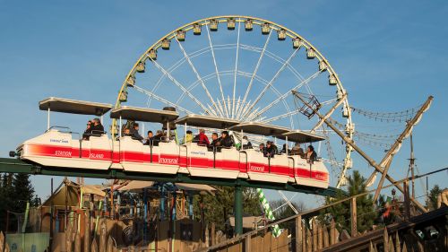 Monorail über Themenbereich Island mit Riesenrad im Hintergrund